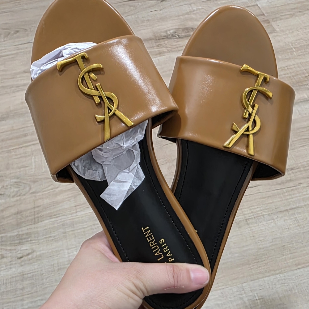 Lux Tan Slide Sandals with Gold Accent